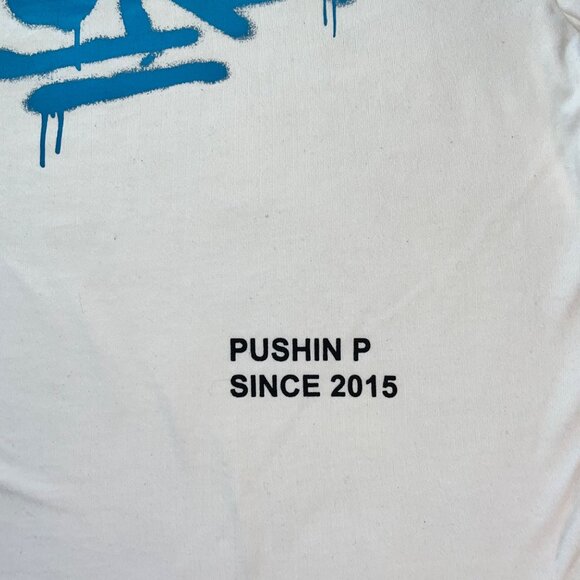 Palm Angels White T-Shirt With Blue & Black Print Short Sleeve Crew Neck Cotton - Picture 8 of 11